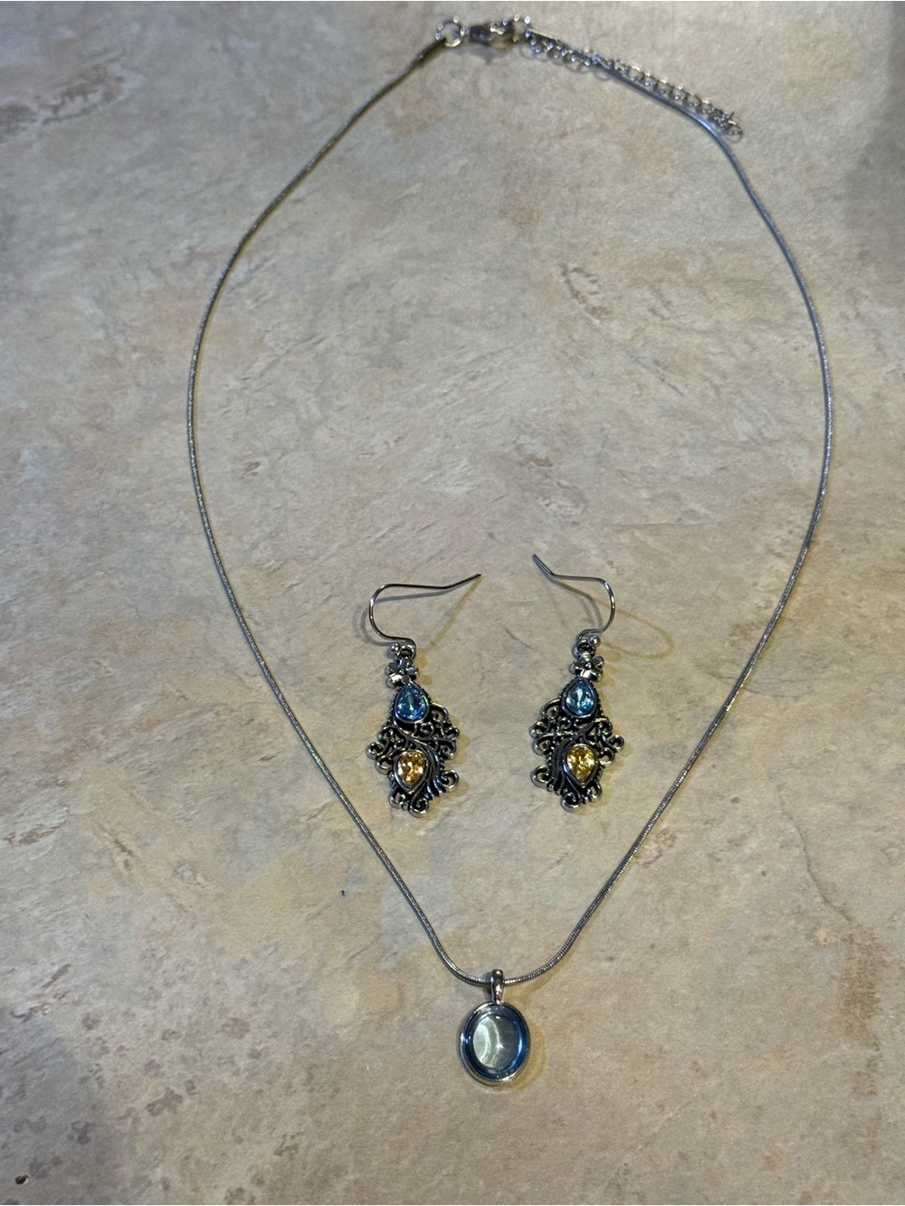 Blue and Yellow Gemstone Earrings With Aqua Necklace Set
